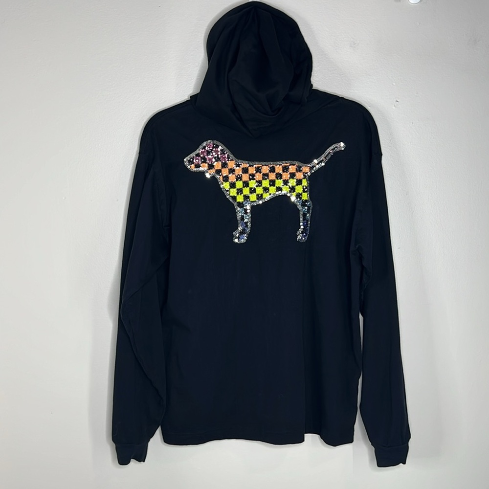 Victoria’s Secret PINK Rainbow Sequined Checkered Dog Hooded Tee size Large - Picture 14 of 15